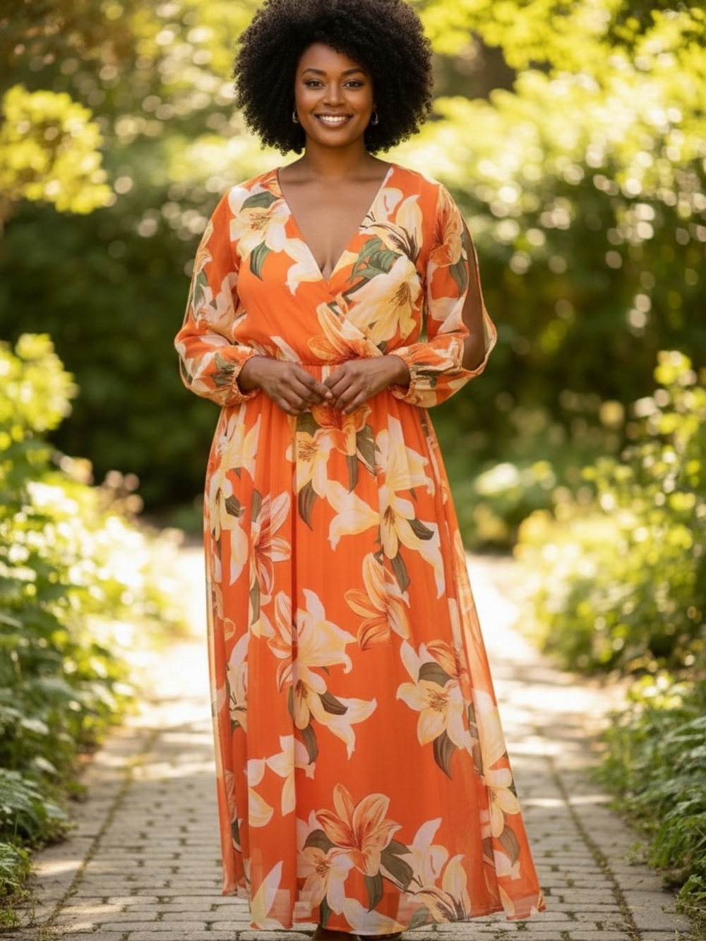 Wrap-Front Orange Floral Maxi Dress with Long Sleeves